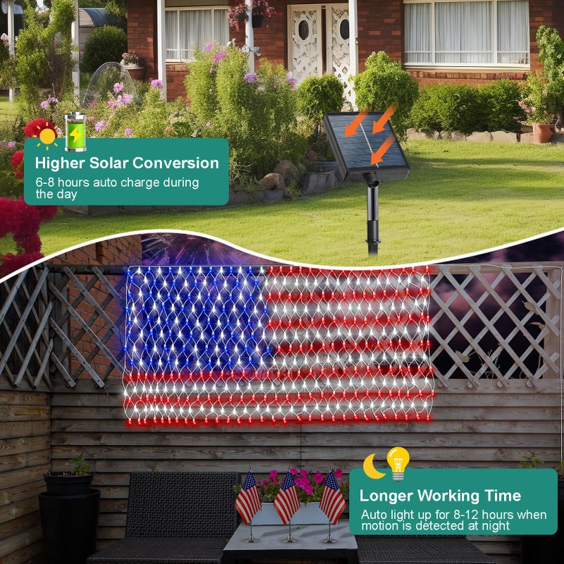 DBFAIRY Solar American Flag Lights Outdoor,420 LEDs American Flag Net Lights 6.5ft x 3.28ft Super Bright,Memorial Day Decorations of The United States for Independence/National/Memorial Day,July 4th - Image 3